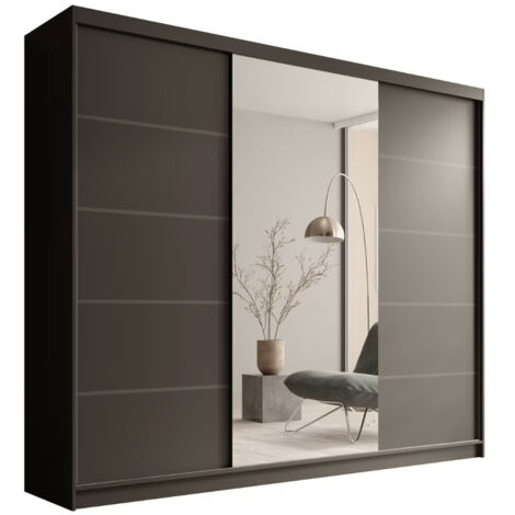 Les Tendances – Armoire coulissante 3 portes avec miroir – Dimensions L 250 x H 215 x P 58 cm – Panneau stratifié 16 mm – 11 étagères et tringles penderie