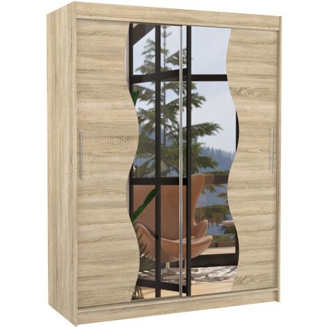 Les Tendances – Armoire de chambre 150cm en bois clair mat – 2 portes coulissantes avec miroir – Penderie et étagères réglables – Garantie 5 ans