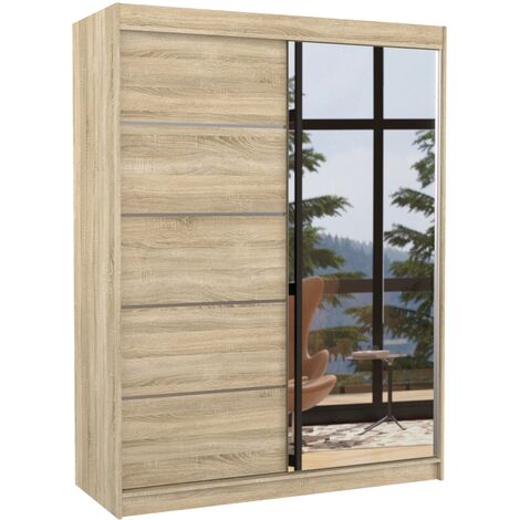 Les Tendances – Armoire de chambre 2 portes coulissantes – Façade bois clair et miroir – Dimensions L 150 x H 200 x P 58 cm – Fabrication européenne