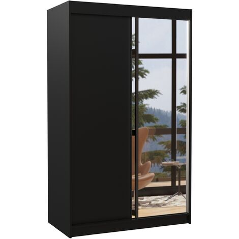 Les Tendances – Petite armoire de chambre 2 portes coulissantes – Bois noir mat et miroir – Dimensions L 120 x H 200 x P 58 cm – Aménagement intérieur penderie et étagères