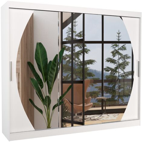 Les Tendances – Armoire de chambre 3 portes coulissantes blanches avec miroir – Dimensions L 250 x H 200 x P 58 cm – Intérieur avec étagères réglables