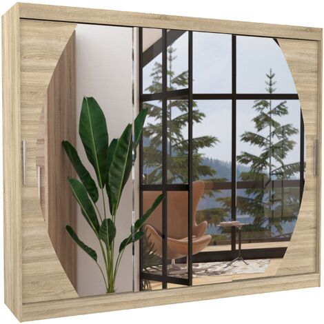 Les Tendances – Armoire de chambre 3 portes coulissantes bois clair mat et miroir – Dimensions L 250 x H 200 x P 58 cm – Aménagement intérieur penderie et étagères