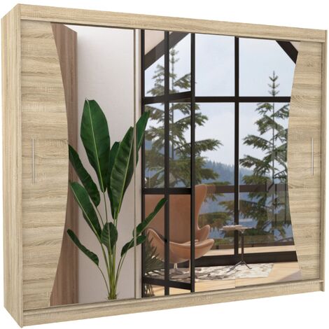 Les Tendances – Armoire de chambre 3 portes coulissantes en bois clair mat et miroir – Dimensions L 250 x H 200 x P 58 cm – Aménagement penderie et étagères réglables