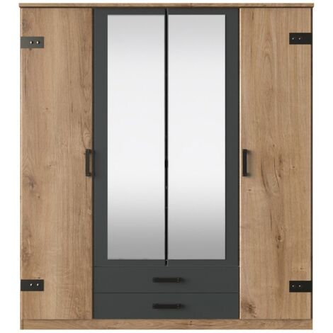 Les Tendances – Armoire de chambre 4 portes – 2 miroirs – 2 tiroirs – Chêne poutre et graphite – Dimensions 90 x 58 x 199 cm