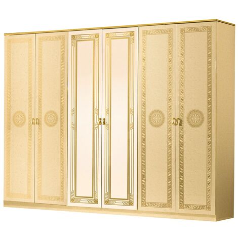 Les Tendances – Armoire de chambre 6 portes avec 2 miroirs – Laqué beige et doré – Dimensions L 272 x H 210 x P 54 cm – Fabrication italienne