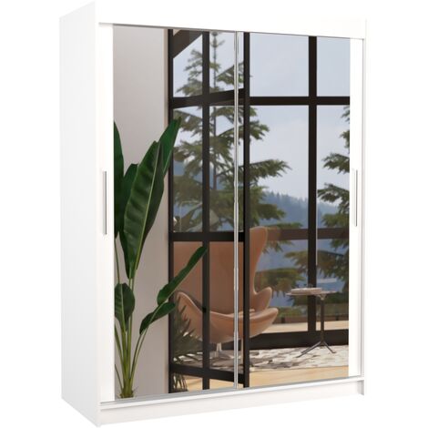 Les Tendances – Armoire de chambre blanche 150cm – 2 portes coulissantes avec miroir – Bois blanc mat – Système d'enroulement des portes