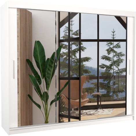 Les Tendances – Armoire de chambre moderne 3 portes coulissantes 250 cm – Façade en bois blanc mat et miroir – Système d'enroulement – Fabrication européenne