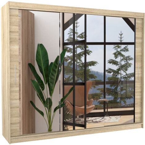 Les Tendances – Armoire de chambre moderne 3 portes coulissantes 250cm – Bois clair et miroir – Aménagement intérieur pratique avec étagères réglables