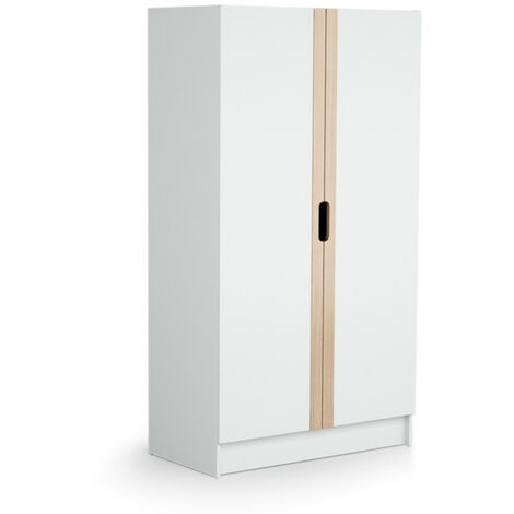 Les Tendances – Armoire enfant 2 portes en bois blanc et hêtre verni 96 x 51 x 176 cm – Penderie et 7 étagères réglables – Fixation murale recommandée