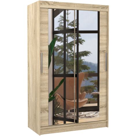 Les Tendances – Armoire moderne 120cm – Bois clair avec 2 portes coulissantes miroir – Penderie et étagères réglables – Fabrication européenne