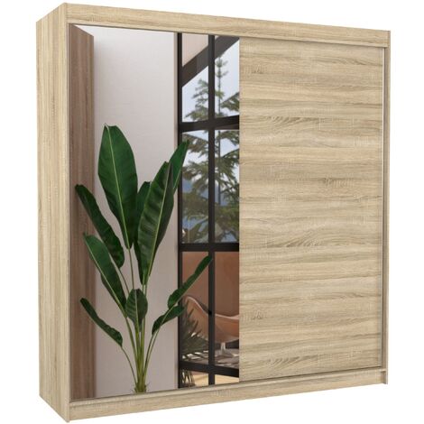 Les Tendances – Armoire moderne 2 portes coulissantes – Bois naturel mat et miroir – Dimensions L 200 x H 215 x P 58 cm – Penderie et étagères réglables