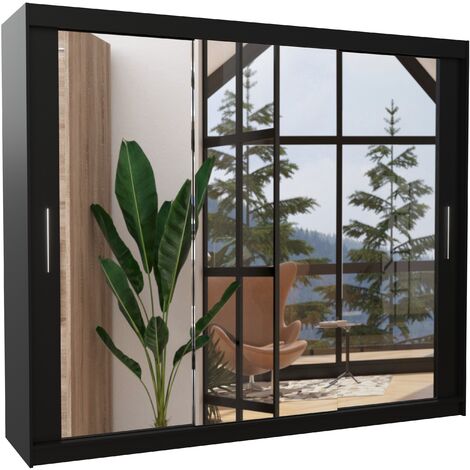 Les Tendances – Armoire moderne 3 portes coulissantes noir et miroir – Largeur 250 cm – Façade en bois mélaminé mat – Système d'enroulement