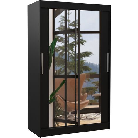 Les Tendances – Armoire moderne noire 120x200cm – 2 portes coulissantes miroir – Penderie et étagères réglables – Fabrication européenne