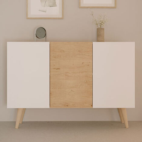 Les Tendances – Buffet 3 portes blanc et chêne 120x39,9x95,5 cm – Système de fermeture soft close – Finition durable – Pieds en hêtre laqué