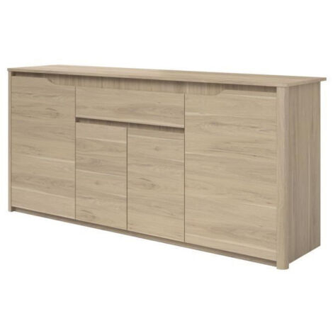 Les Tendances – Buffet bas contemporain en décor chêne Dakota – L 185 x P 46 x H 85,5 cm – 4 portes et 1 tiroir – Rayons ajustables pour rangement optimisé
