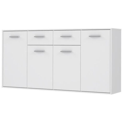Les Tendances – Buffet bas 4 portes et 2 tiroirs – Bois et panneaux de particules – Blanc mat – L 162,3 x P 34,2 x H 88,1 cm