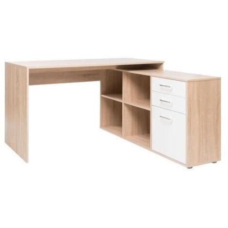 Les Tendances – Bureau d'angle classique 136x138 cm en chêne sonoma et blanc brillant – Configuration réversible – 2 tiroirs et 4 compartiments ouverts