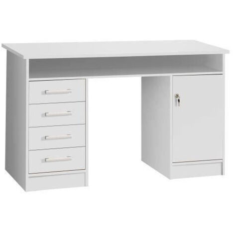 Les Tendances – Bureau droit ALICANTE avec 1 porte et 4 tiroirs – Panneaux de particules décor papier blanc – L 126 x P 55 x H 76 cm – Style contemporain