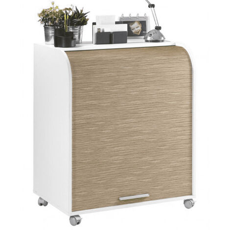 Les Tendances – Bureau informatique blanc 80cm – Rideau coulissant avec clé – 4 roulettes avec frein – Niche imprimante réglable en hauteur