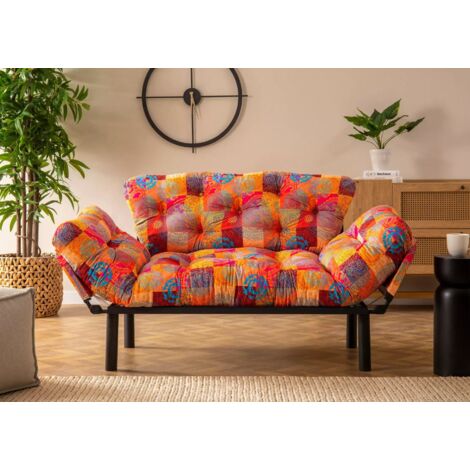 Les Tendances – Canapé convertible 2 places tissu patchwork 155cm – Lit d'appoint 187 x 73cm – Bras réglables 14 positions – Esthétique unique et robuste