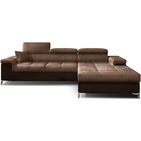 Les Tendances – Canapé d'angle convertible velours avec coffre – Appuis-tête réglables – 4 places – Pieds en acier chromé – Marron foncé clair – L 281 x P 100/205 cm