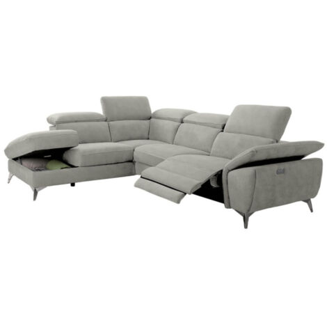 Les Tendances – Canapé d'angle électrique en microfibre – Relaxation avec têtières réglables – Coffre de rangement intégré – Dimensions L 273 x P 212 cm