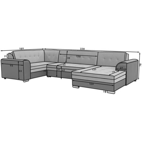 Les Tendances – Canapé d'angle panoramique 5 places convertible en lit – Tissu bi-color gris clair/gris foncé – Dimensions 338x189x78 cm