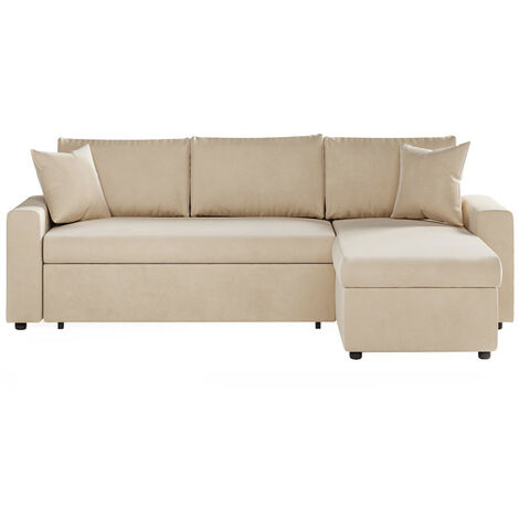 Les Tendances – Canapé d'angle réversible et convertible avec coffre de rangement en velours – Dimensions 223 x 148 x 81 cm – Couleur beige