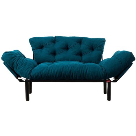 Les Tendances – Canapé convertible 2 places tissu bleu pétrole – Transformable en lit 190 x 70 cm – Accoudoirs modulables – Structure métal robuste