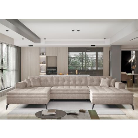Les Tendances – Canapé panoramique convertible en tissu 5 places – Dimensions L 350 x P 170 cm – Surface de couchage 110 x 295 cm – Pieds en métal noir