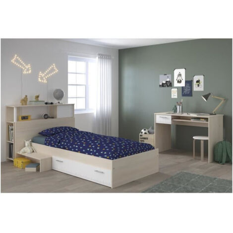 Les Tendances – Chambre complète enfant 90x190 cm – Lit avec tiroir et bureau – Bois MDF décor acacia clair et blanc – Tête de lit avec étagère