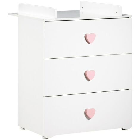 Les Tendances – Commode à langer 3 tiroirs en bois mélaminé blanc – Dimensions L 76 x l 66 x H 97 cm – Boutons cœur rose – Fabrication sans solvant