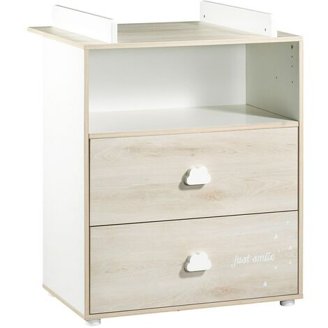 Les Tendances – Commode à langer en bois 76x97x66 cm – 2 tiroirs avec décor sérigraphié – Fabrication française – Panneaux mélaminés décor bois et blanc