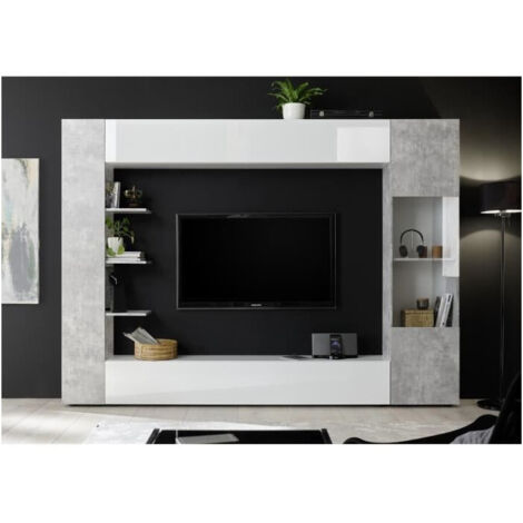 Les Tendances – Composition murale TV laque blanche et béton – Dimensions L295 x P30 x H187 cm – 2 meubles hauts avec portes – Fabrication italienne