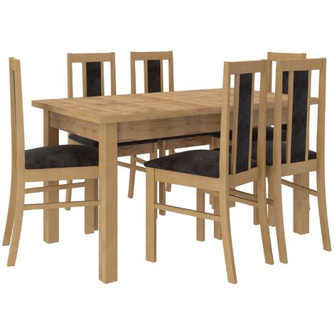 Les Tendances – Ensemble table extensible 140-180cm avec 6 chaises en bois hêtre et tissu noir – Plateau 32mm – Rallonge intégrée pour invités supplémentaires