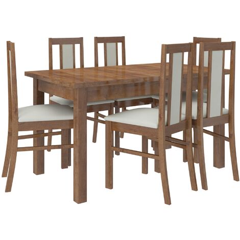 Les Tendances – Ensemble table extensible 140-180cm et 6 chaises en bois marron et tissu beige clair – Rallonge intégrée – Design fonctionnel et durable