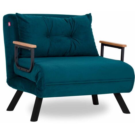Les Tendances – Fauteuil convertible 1 place tissu coton ultra doux vert – Dimensions L 60 x P 65 x H 78 cm – Couchage 175 x 60 cm