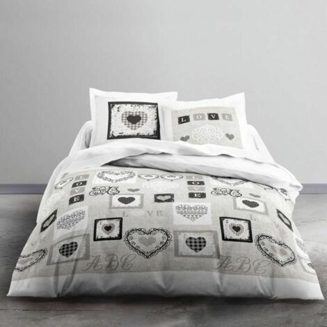 Les Tendances – Housse de couette 240x260 cm en coton – Imprimé cœur blanc – 2 taies d'oreiller 65x65 cm – Lavable à 40°C