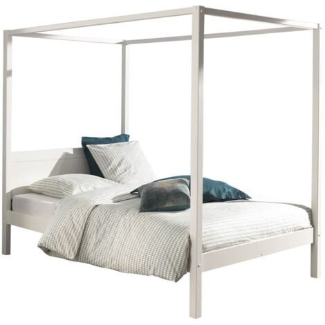 Les Tendances – Lit à baldaquin 140x200 cm en pin massif laqué blanc – Sommier inclus – Compatible avec rideaux pour personnalisation