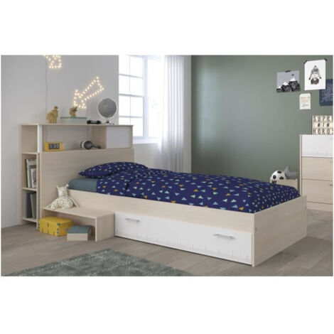 Les Tendances – Lit avec tiroirs 90x190 cm blanc et acacia clair – Tête de lit avec étagère – Rangement réversible – Design moderne et fonctionnel