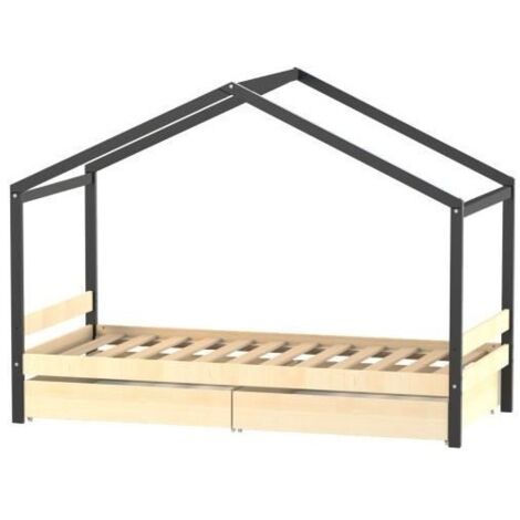 Les Tendances – Lit cabane 90x190 avec 2 tiroirs – Sommier inclus en épicéa massif – Bois pin noir et naturel – Charge max 80kg – Pour enfants