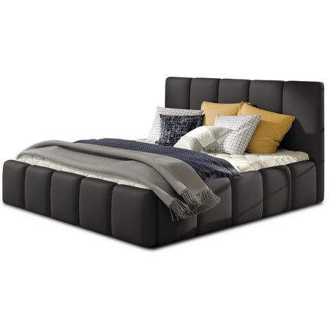 Les Tendances – Lit coffre capitonné 160x200 cm – Simili cuir noir – Structure en bois massif – Sommier inclus avec 48 lattes en bouleau - Noir-160x200