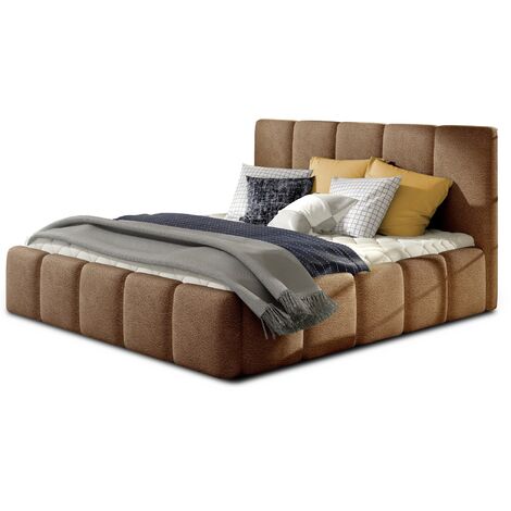 Les Tendances – Lit coffre velours marron clair 160x200 – Tête de lit capitonnée – Structure bois massif – Rembourrage mousse haute densité - clair-160x200