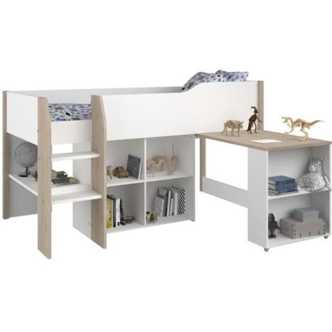 Les Tendances – Lit combiné enfant 90x200 cm avec bureau rétractable – Structure panneaux de particules décor chêne Jackson et blanc – Sommier inclus