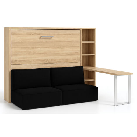 Les Tendances – Lit escamotable 160x200 avec canapé tissu noir – Structure chêne 3D – Système de sécurité anti-basculement – Ouverture assistée par vérins - 3D-Version