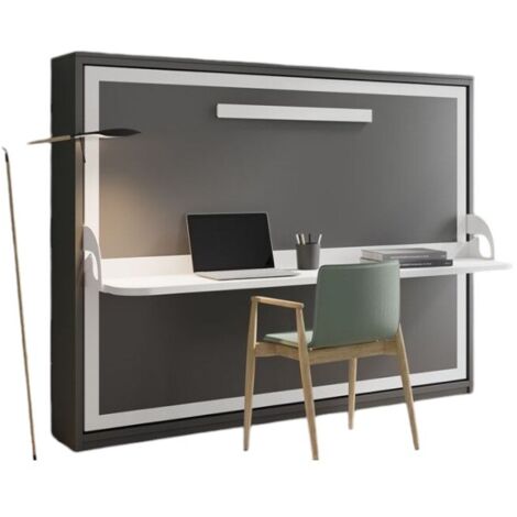 Les Tendances – Lit escamotable avec bureau 140x190 cm – Structure métal blanc – Panneaux mélaminé haute densité – Système d'ouverture sécurisé