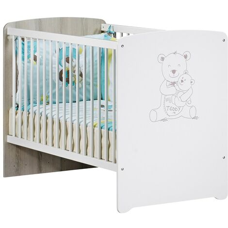 Les Tendances – Lit évolutif bébé 120x60 – Bois blanc laqué – Sommier réglable 3 positions – Sérigraphie 'Teddy' taupe – Fabrication française