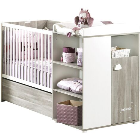 Les Tendances – Lit évolutif bébé 120x60 cm à 90x190 cm – Chêne Silex – Sommier réglable 3 positions – Décor 'Just Smile' sérigraphié