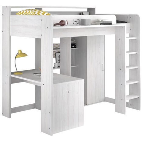 Les Tendances – Lit mezzanine blanc 90 x 200 cm – Panneau de particules décor Pin Petterson – Échelle d'accès incluse – Bureau et armoire intégrés