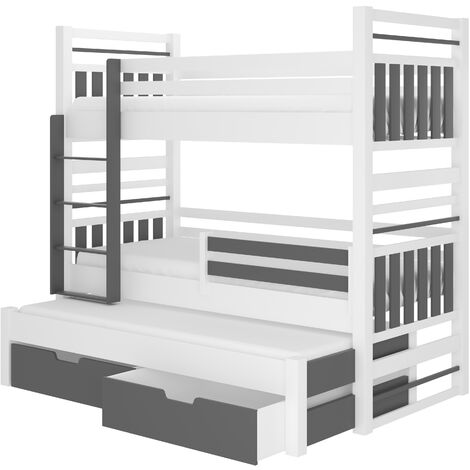 Les Tendances – Lit superposé 3 couchages 90x200 cm – Structure en pin massif – 2 tiroirs de rangement – Barrières de protection pour sécurité enfant